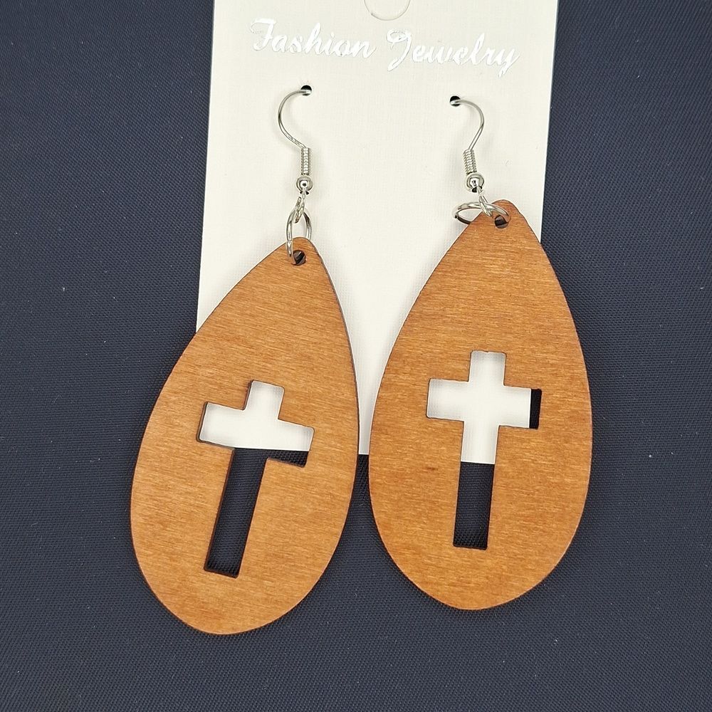 Brown Teardrop Wood Cross Earrings